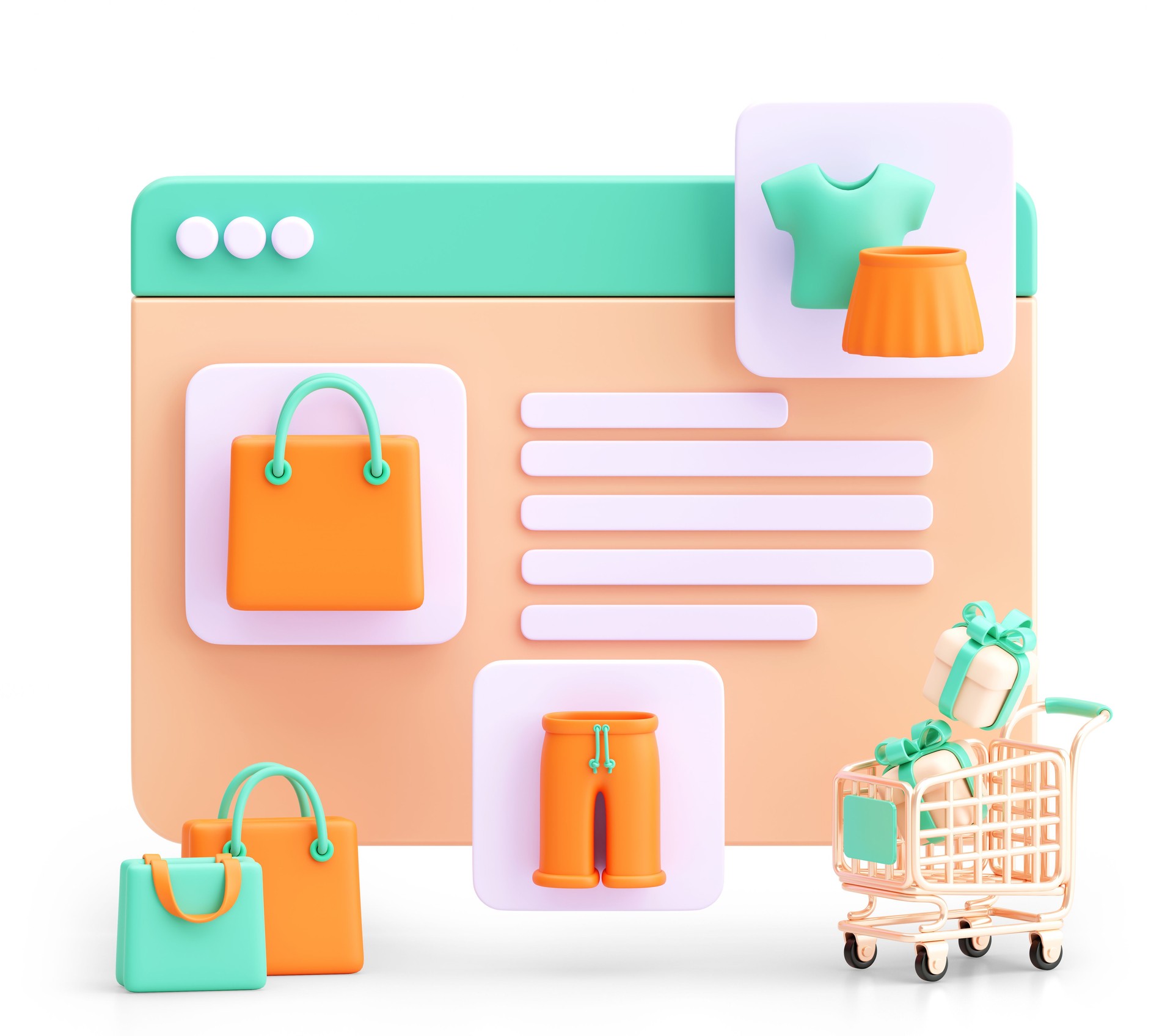 3D Render of E-commerce Website Interface with Shopping Elements on White Background