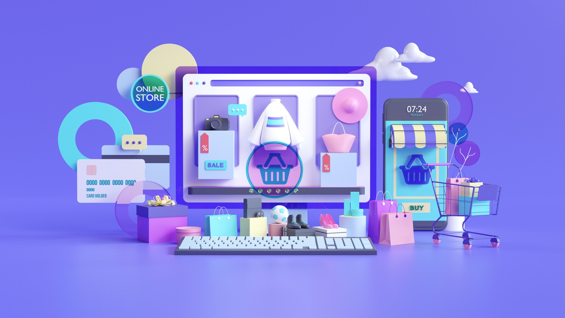 Shopping on-line. Online store on website or mobile application. 3d rendering background. digital marketing shop